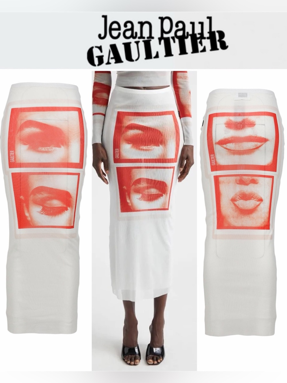 Jean Paul Gaultier Re-Edition Eyes & Lips Print Mesh Maxi Skirt White S $500